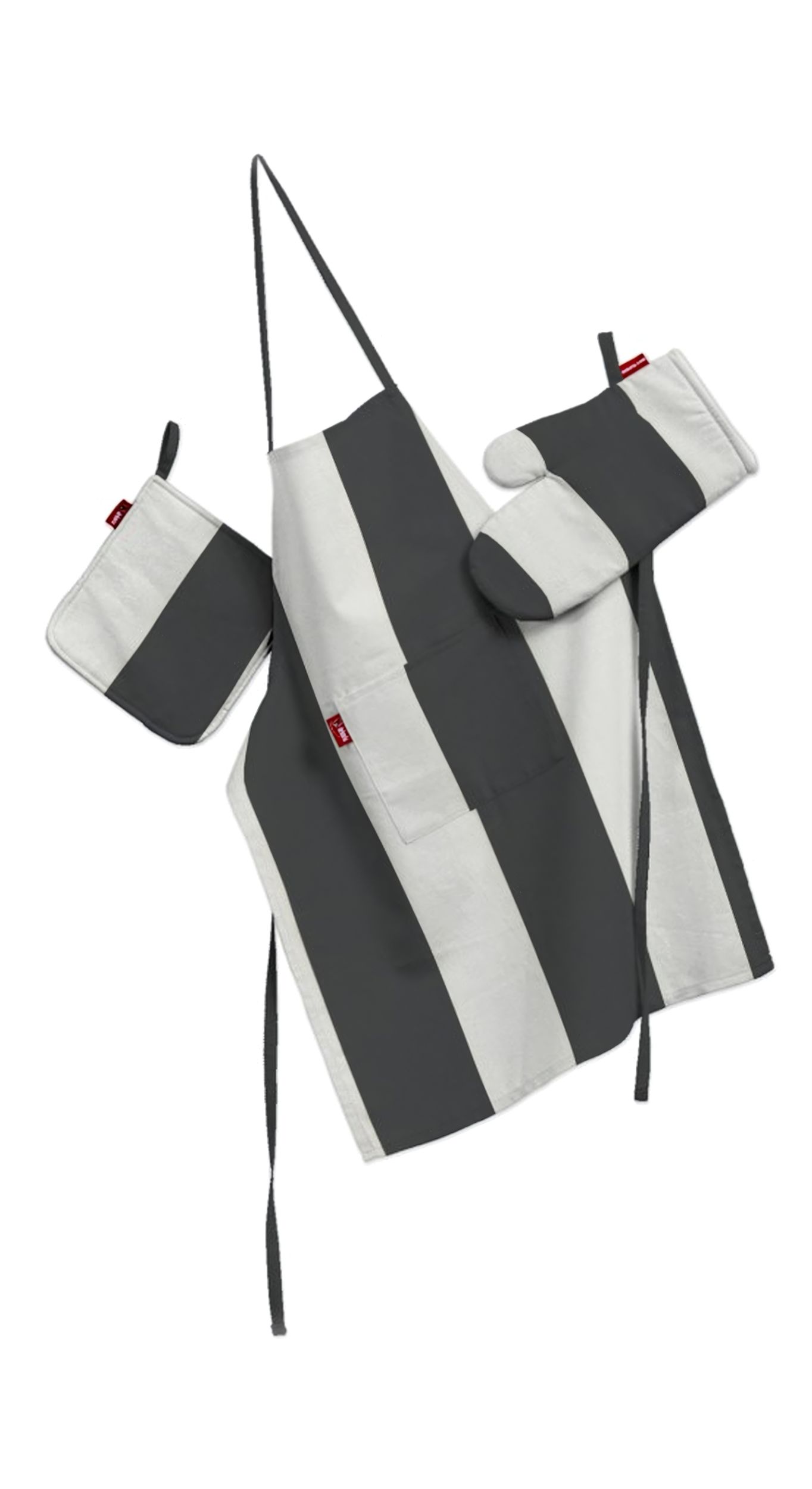 Tekstilės rinkinys virtuvei: prijuostė, puodų laikiklis ir orkaitės pirštinės spalva juoda audinys raštuotas 