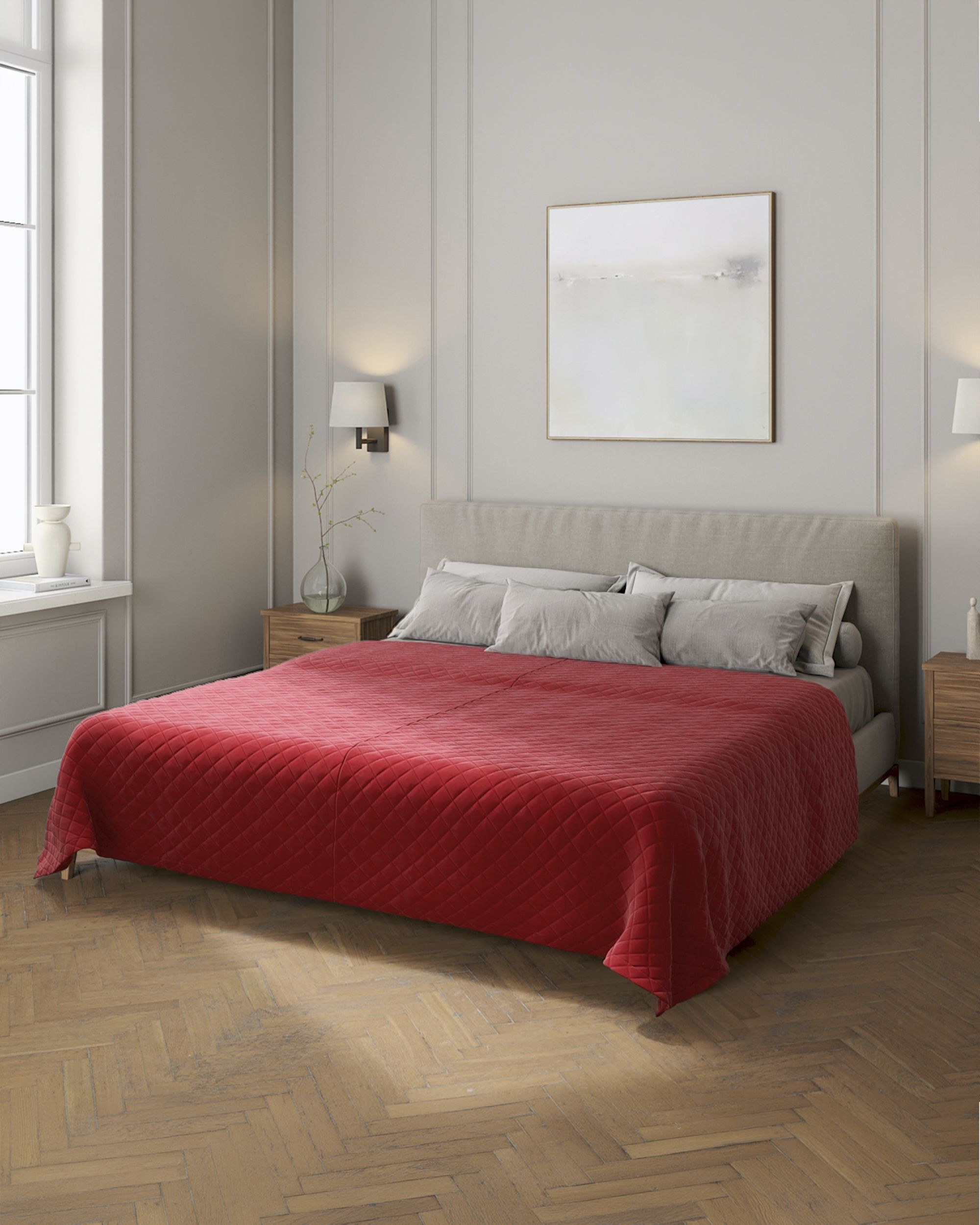 Velvet kolekcijos lovatiesė dygnsiuota  rombiukais spalva raudona audinys blizgus, velvetinis/aksominis