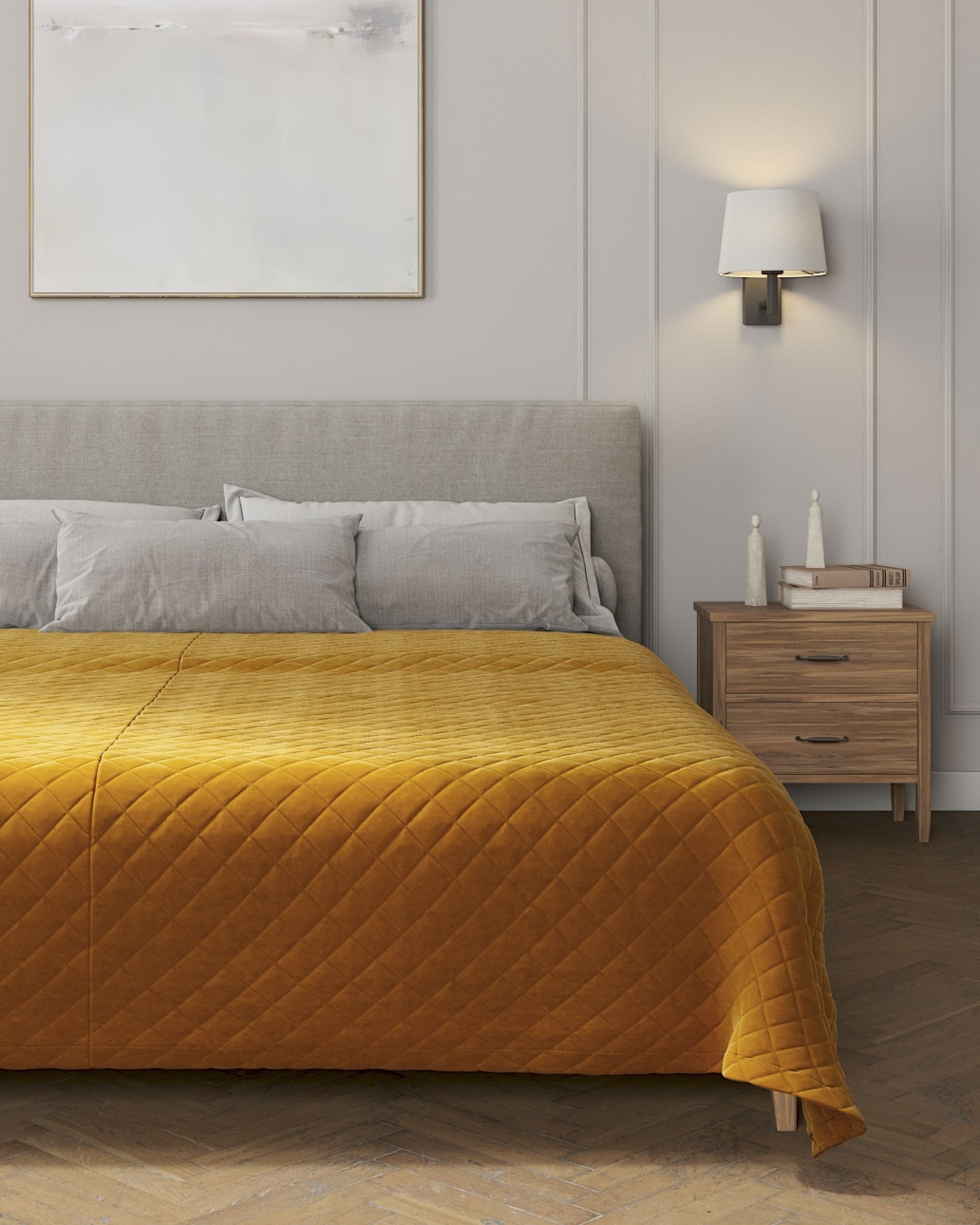 Velvet kolekcijos lovatiesė dygnsiuota  rombiukais spalva geltona audinys blizgus, velvetinis/aksominis (hover)