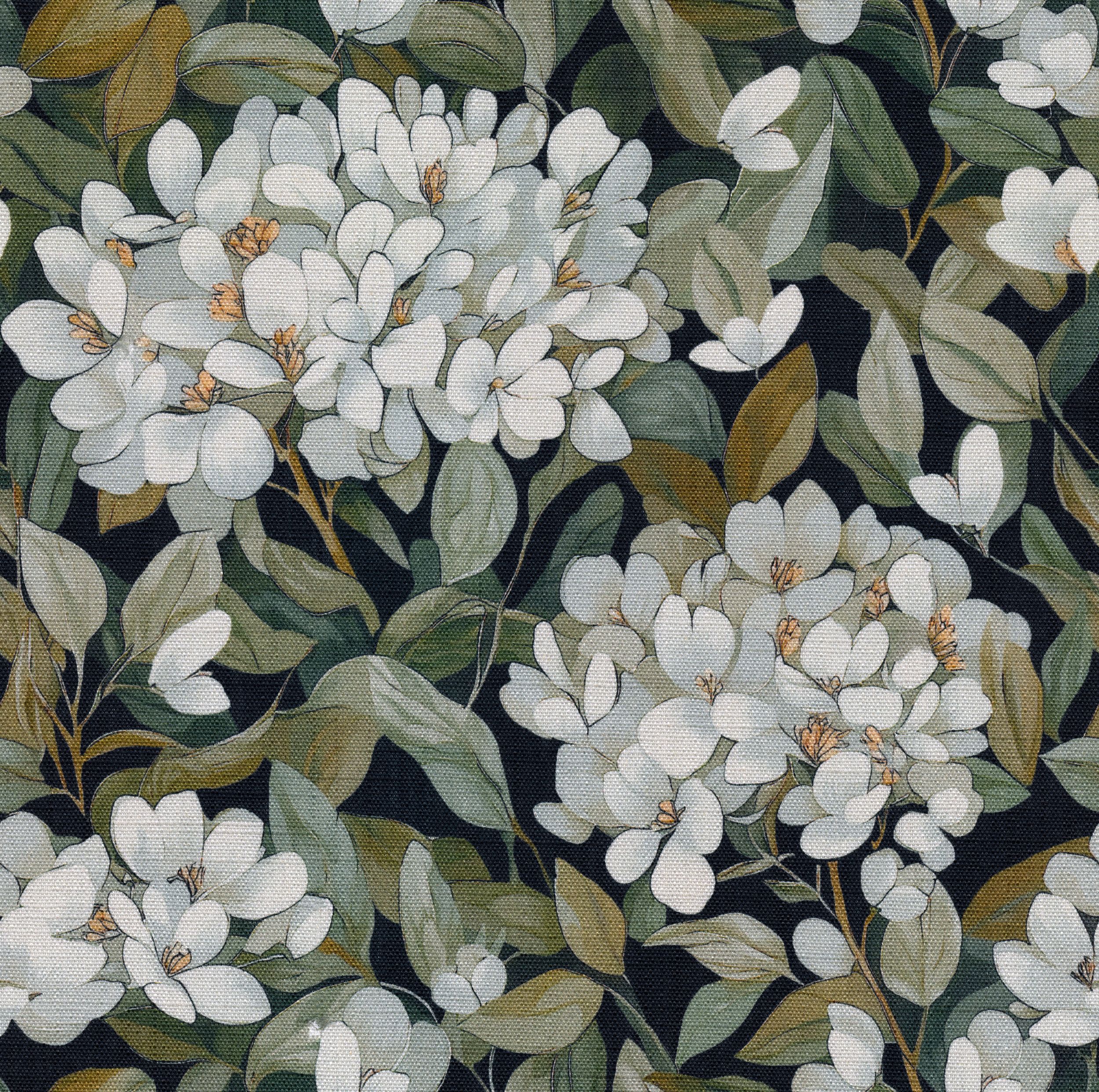 Botanic Viscose 145-19 šviesios gėlės juodame fone